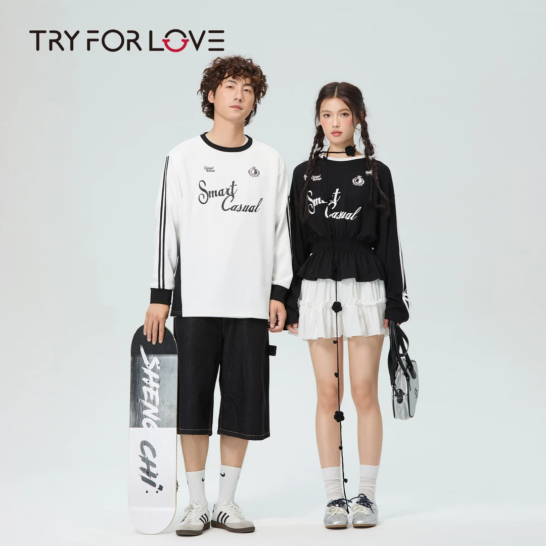 TRYFORLOVE秋季美式运动风情侣装蝴蝶结长袖T恤收腰显瘦百搭上衣