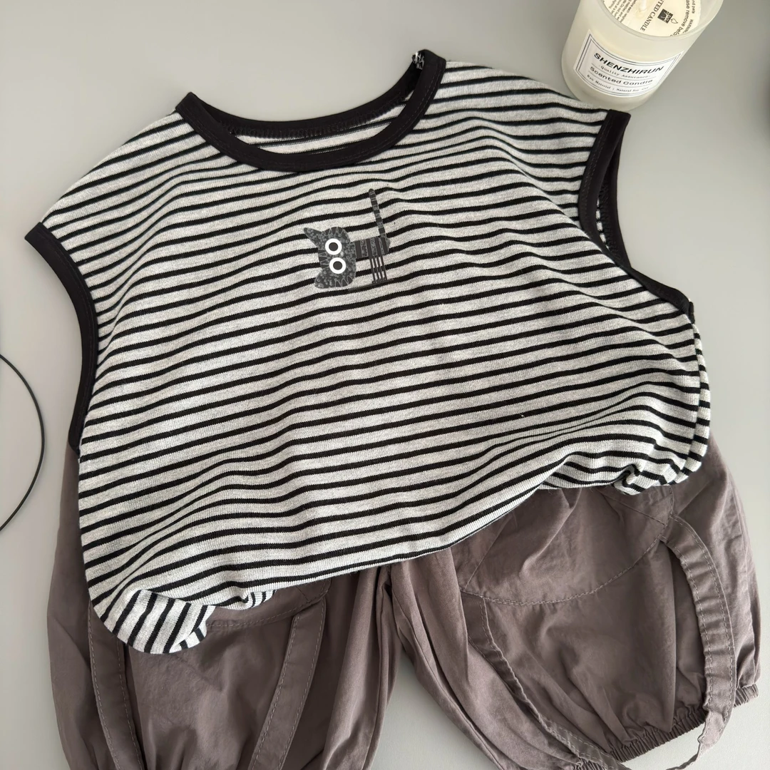 儿童背心T恤2025新款男女童夏装宝宝坎肩小童条纹可爱