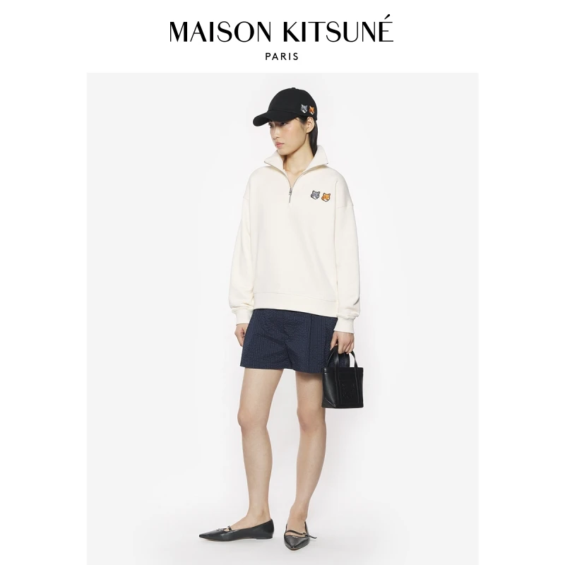 【春夏新品】Maison Kitsune女款大胆玩色双头狐狸时尚半拉链卫衣