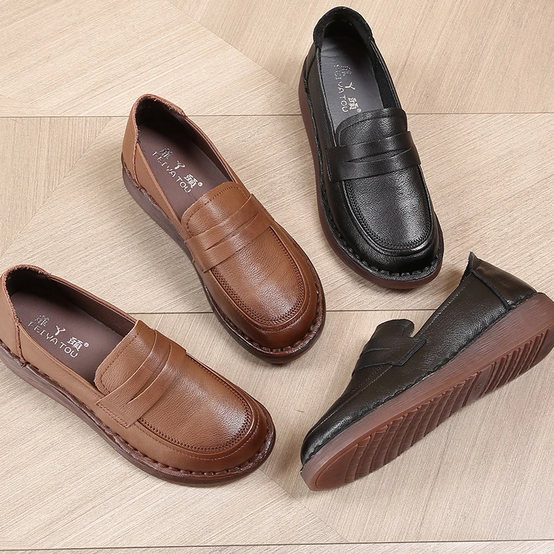 头层牛皮妈妈鞋牛筋软底舒适中年女鞋防滑牛筋底平底鞋9195