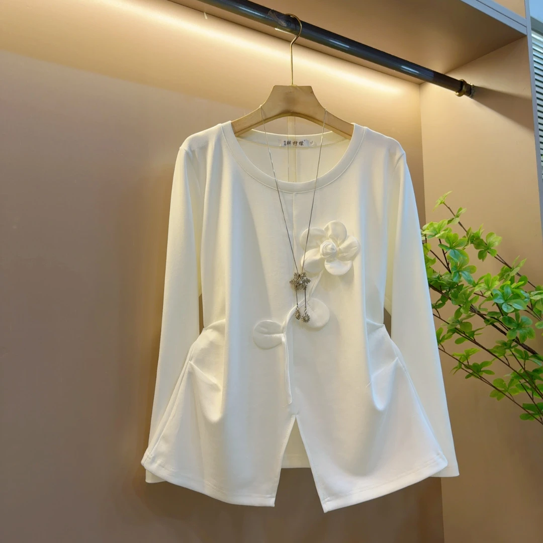 秋季新款气质圆领时尚新款一枝花设计感收腰百搭上衣（长64左右）