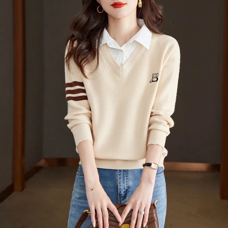 衬衫领针织衫女春秋2025新款时尚洋气假两件上衣小个子毛衣打底衫