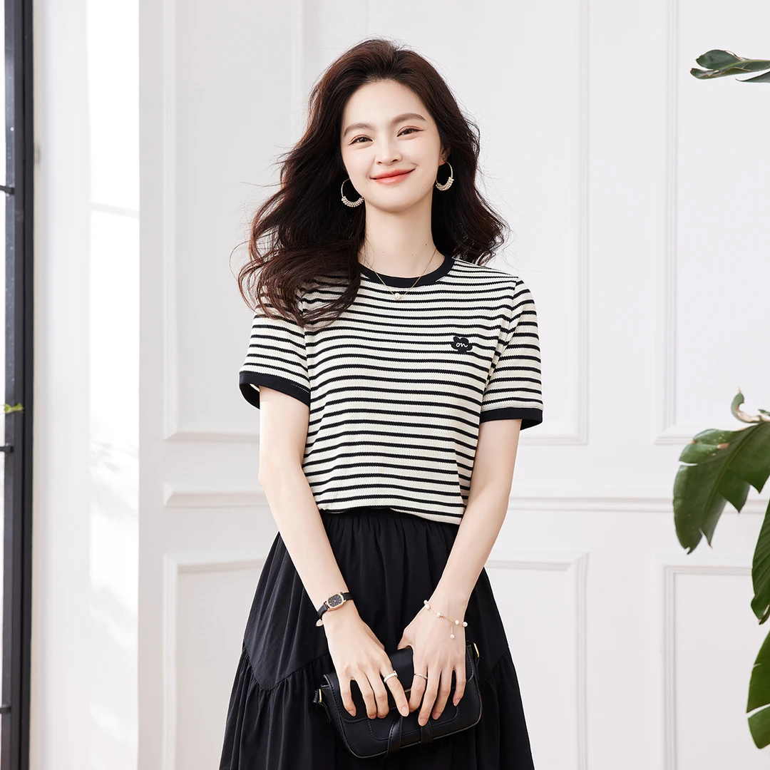 【艾美甄选】针织条纹圆领短袖T恤 AN23X1151