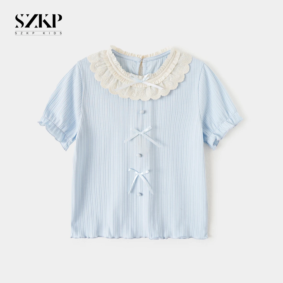 【SZKP】花领条纹t恤女童夏季新款儿童洋气短袖透气上衣YNYX550635