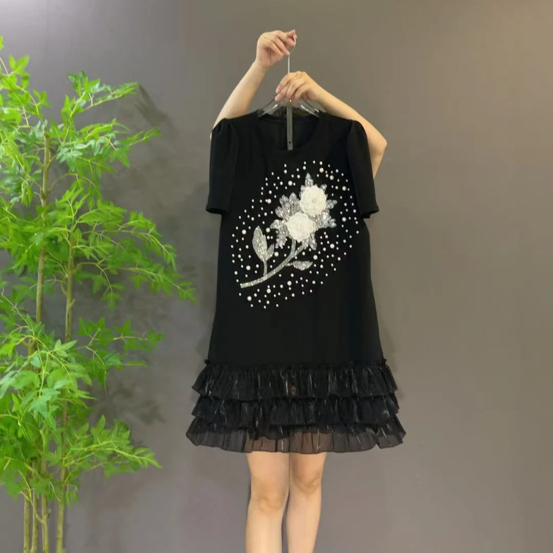 10181夏季法式设计轻奢重工气质钉珠立体花朵连衣裙大码女装显瘦