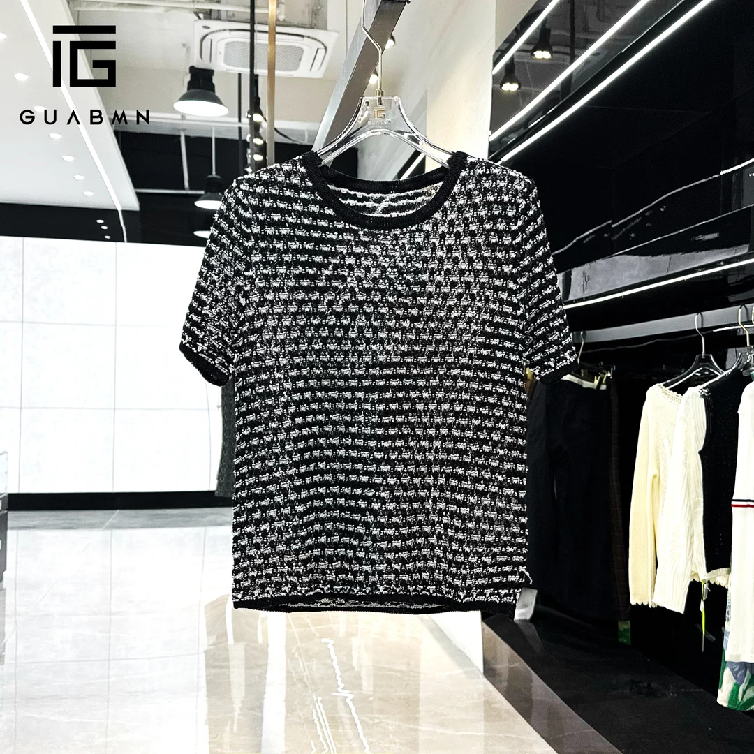 GUABMN2025夏季新款优雅镂空亮丝肌理感短袖针织衫夏日穿搭5079