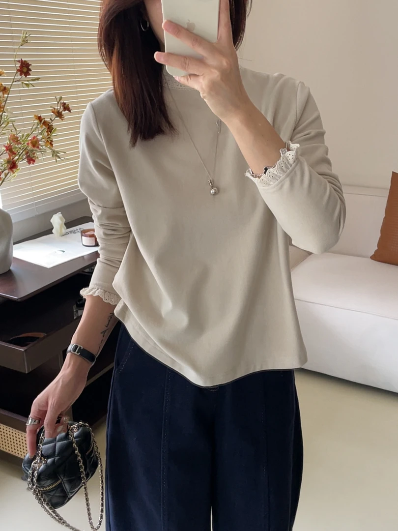 【秘境】简约韩版时尚百搭圆领纯色蕾丝套头长袖打底衫ins