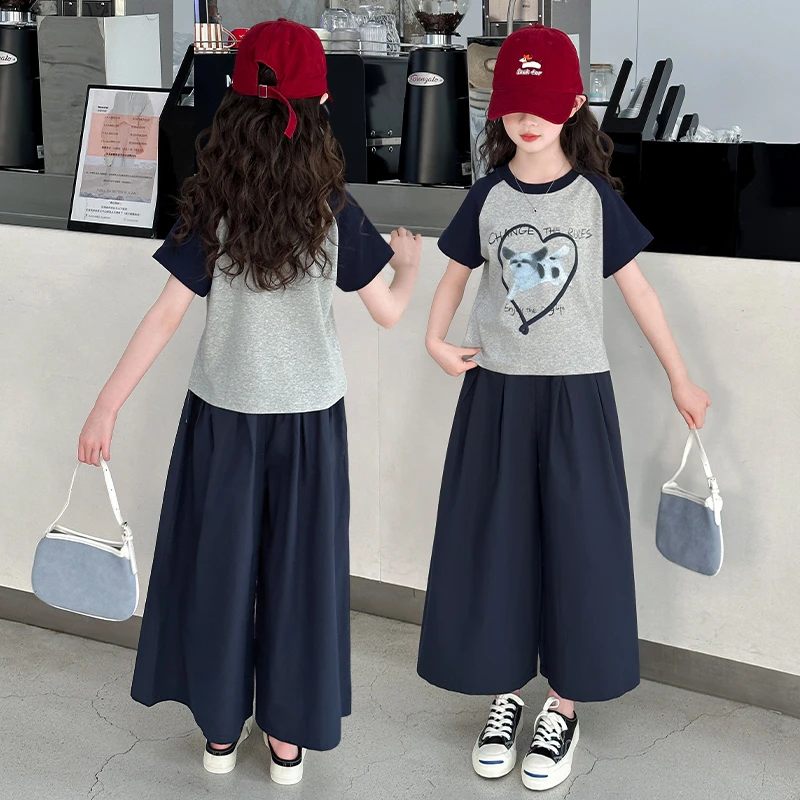 女童夏款时尚短袖T恤套装2025新款6-12-15岁中大儿童夏季薄款裙裤