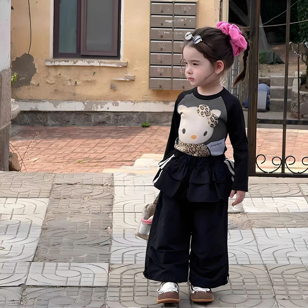 女童长袖T恤屁帘工装裤2025秋季新款卡通印花猫咪打底衫百搭长裤