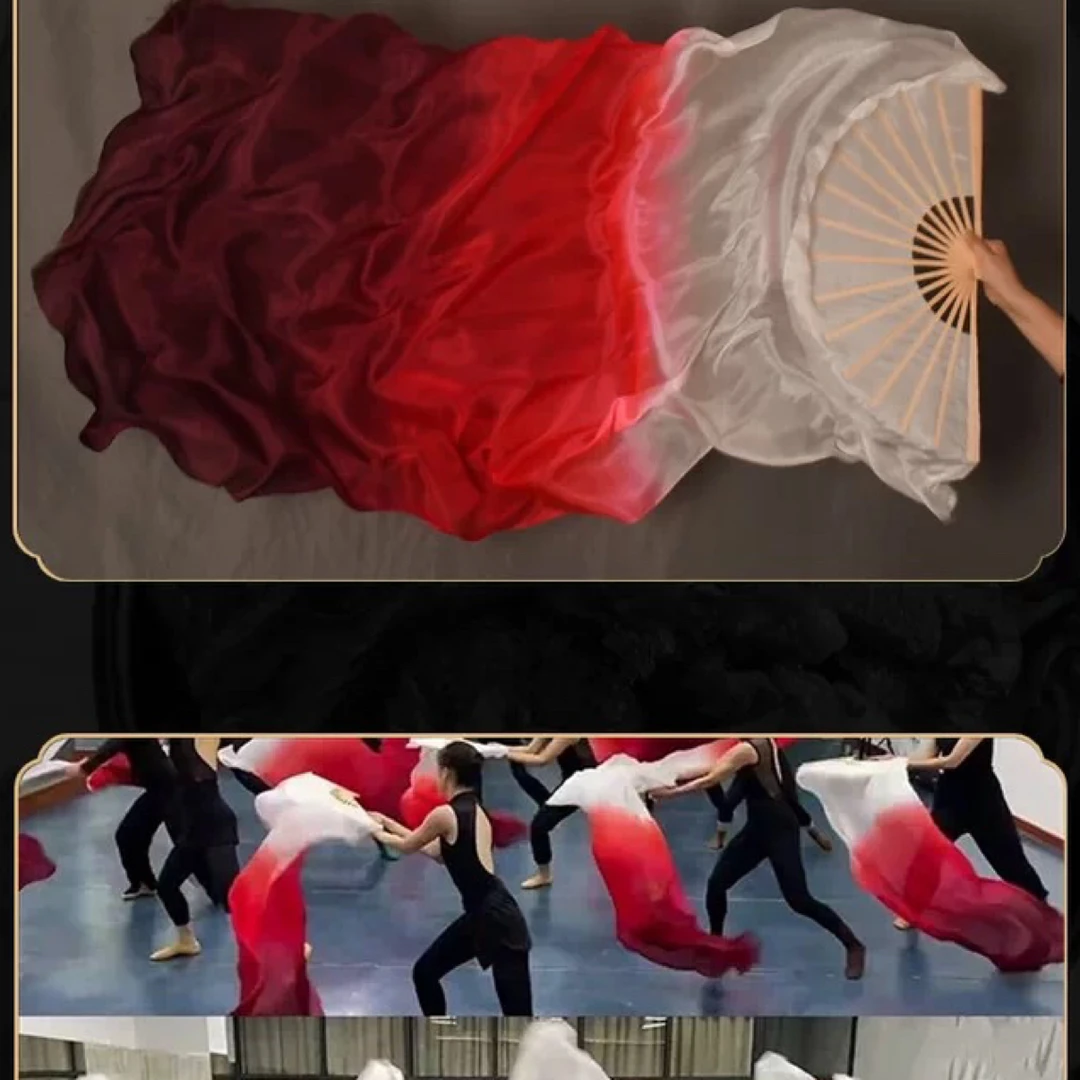 酒红色双面真丝加长飘带渐变中国风光亮舞蹈扇子古典舞道具