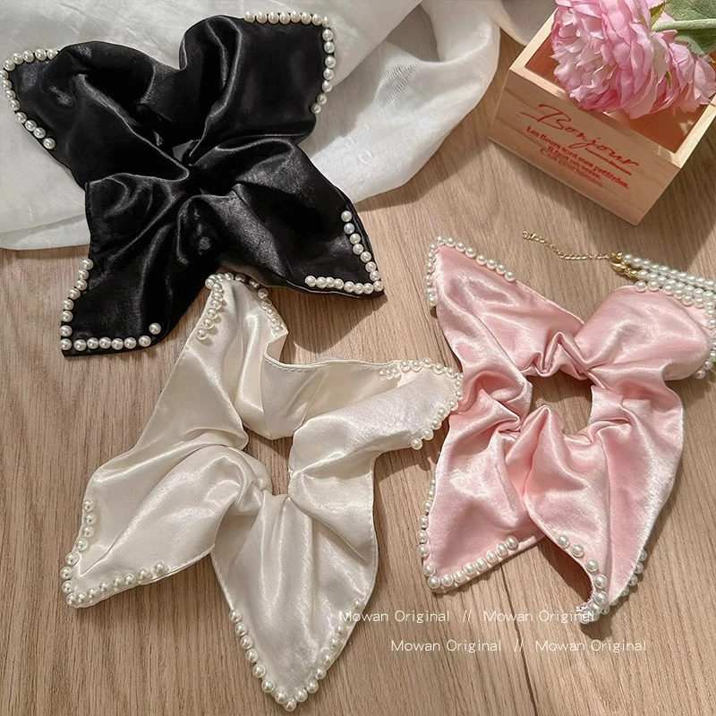 法式缎面珍珠方巾大肠发圈女高级感丸子头扎发绳头饰品高马尾头绳