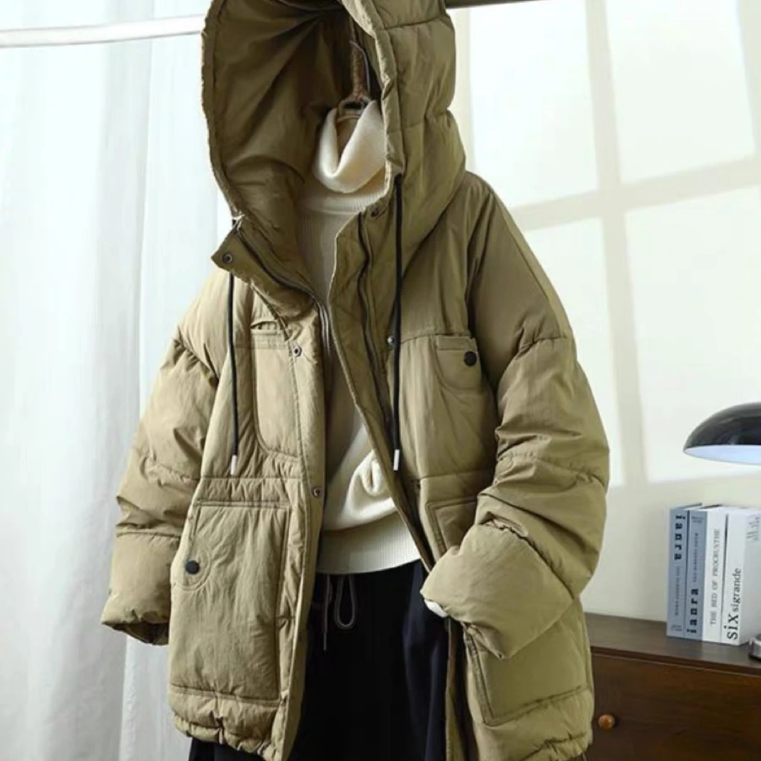 冬季加厚保暖棉服女时尚休闲风连帽棉衣外套抽绳大口袋宽松