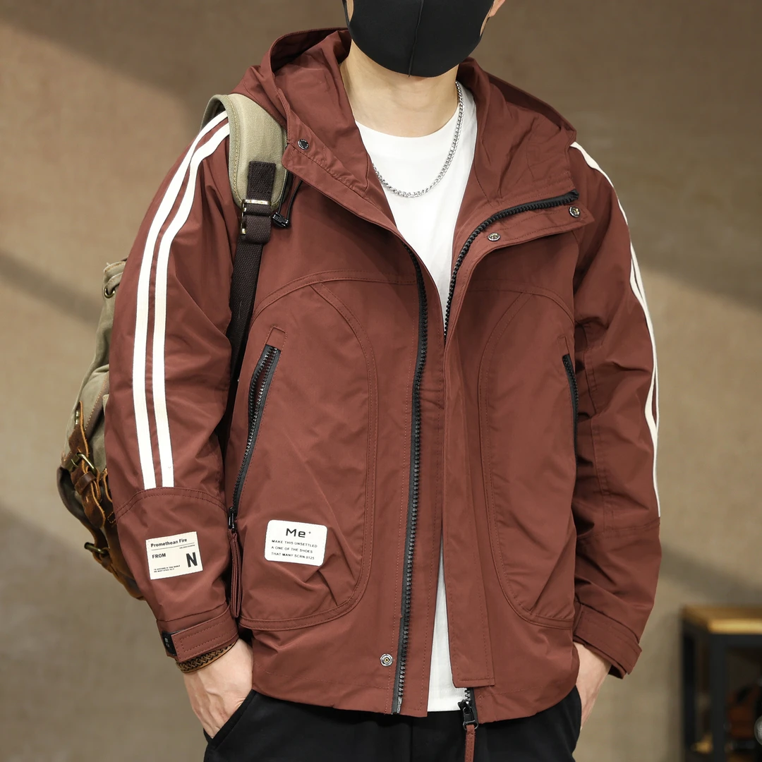 秋季潮牌条纹连帽冲锋美式工装夹克男士宽松户外春秋新款休闲外套