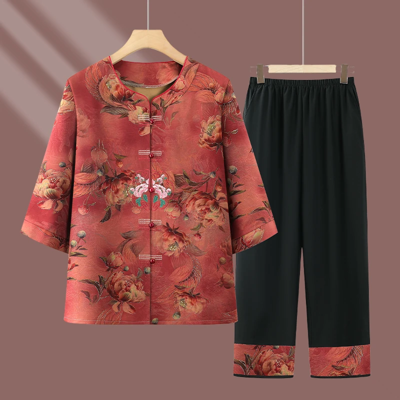 中老年人新中式女装衬衫奶奶夏季短袖妈妈国风新款老太太两件套装