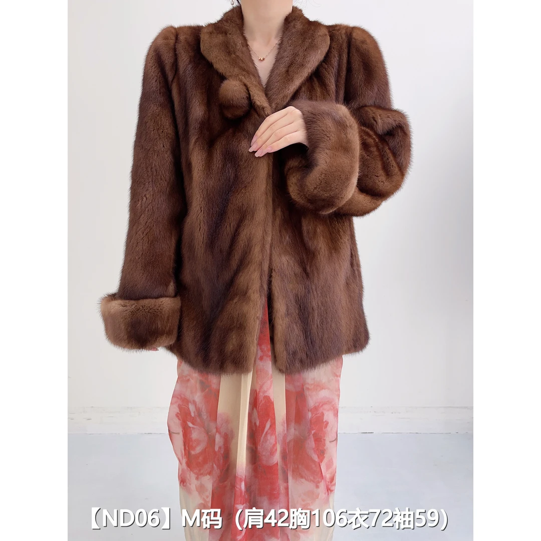 【ND06】M 蜜茶棕短款全抽貂皮大衣外套女 青果领挽袖 04006