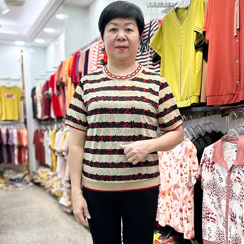 洋气条纹圆领小衫女夏中年妈妈装短袖T恤冰丝时尚中老年女装上衣