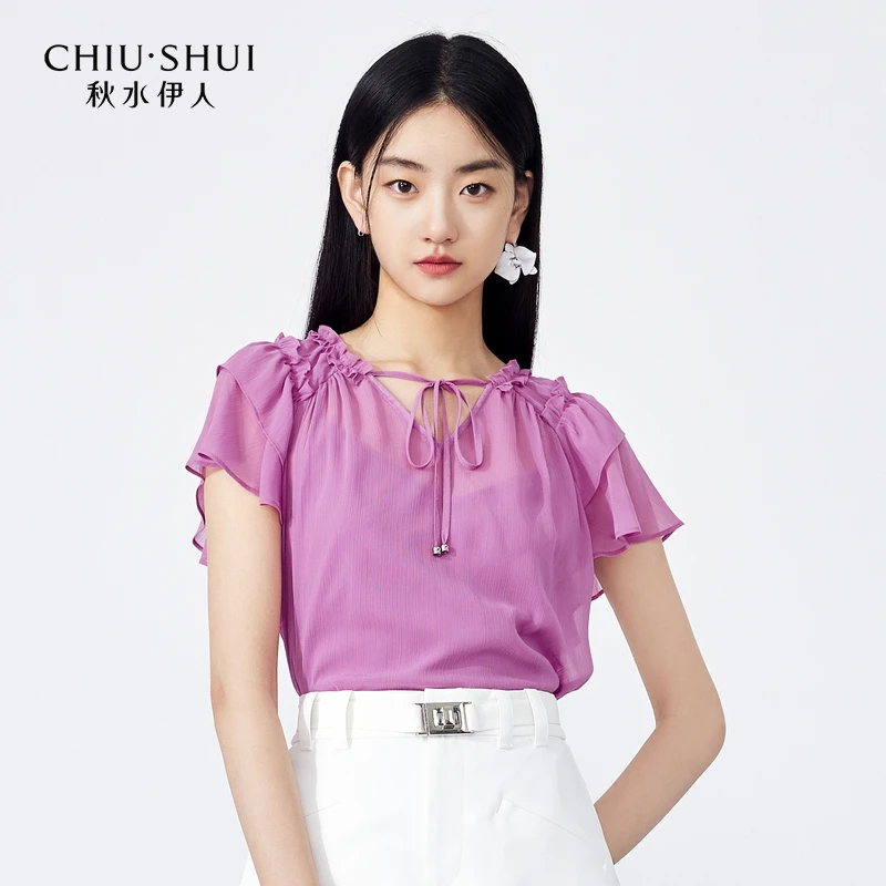 【艾美】秋水伊人雪纺衫女小个子蕾丝衫623204A050377