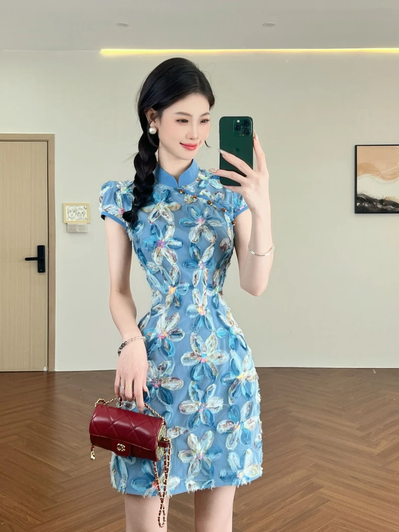 【现货】蓝色新中式改良旗袍连衣裙女夏季2025新款立体刺绣短袖裙子