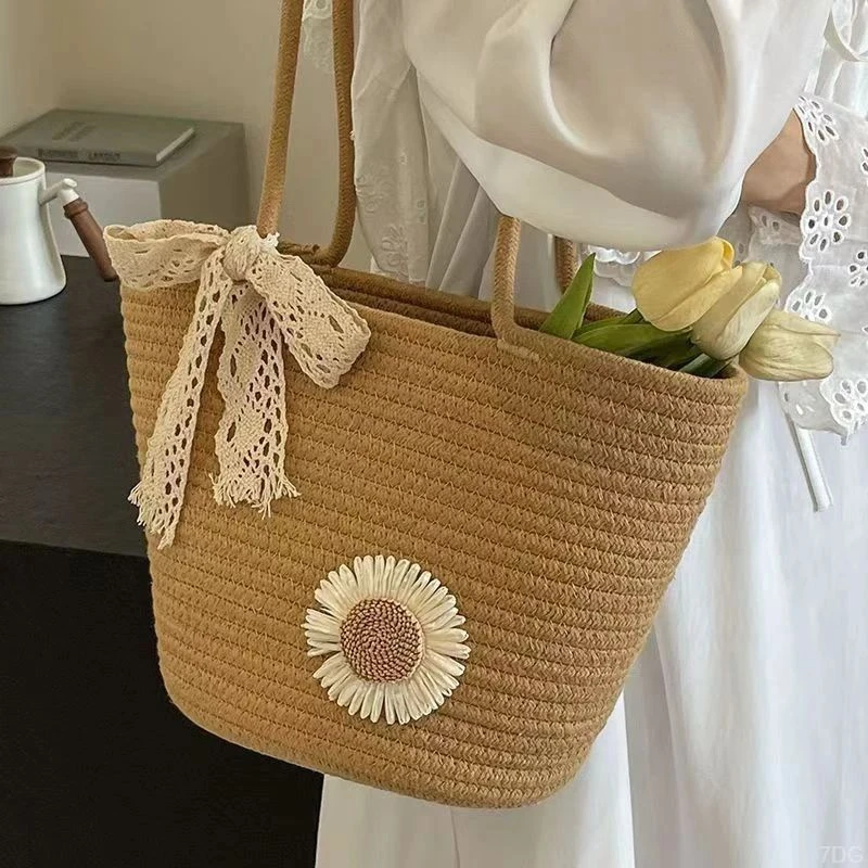 C田园风逛街中国风2女性衣物收纳袋【带花装饰】草编时尚包沙滩编包