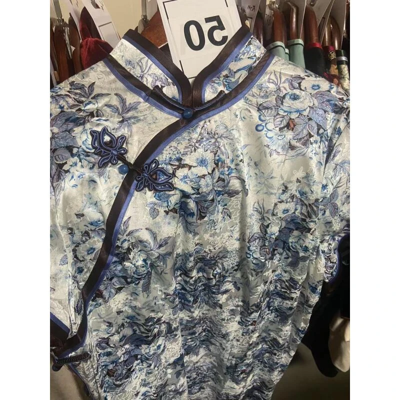 50小码中式复古优雅花色气质旗袍裙