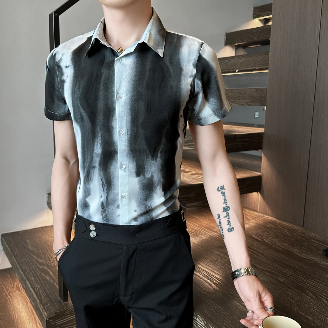 男士新款水墨画扎染短袖衬衫高级感夏季潮牌痞帅修身休闲衬衣男款