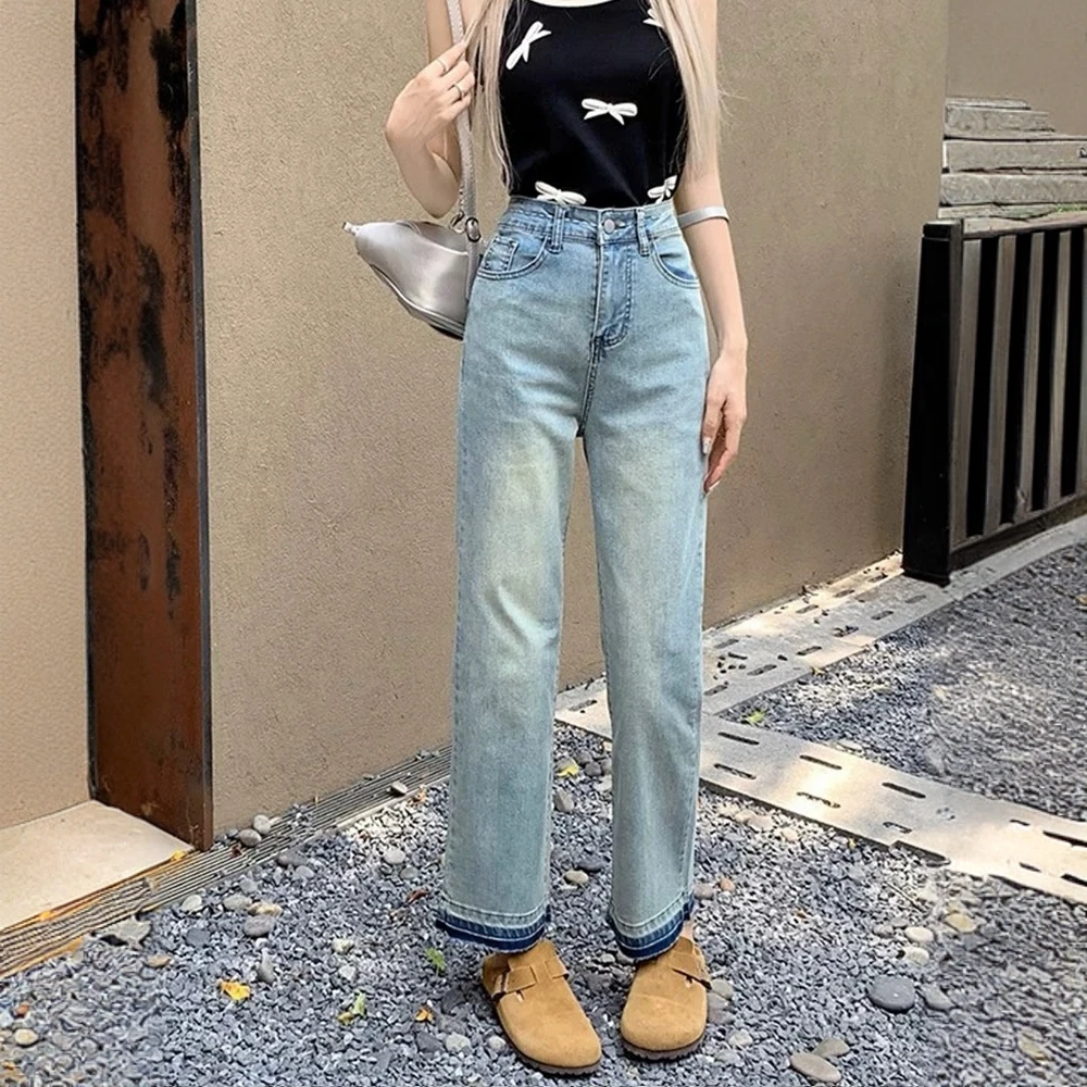 韩国小个子高腰喇叭牛仔裤女2025夏新款显高显瘦设计感微喇九分裤