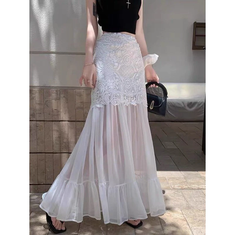 QL—25332夏季薄款高腰显瘦网纱拼接蕾丝鱼尾包臀半身长裙