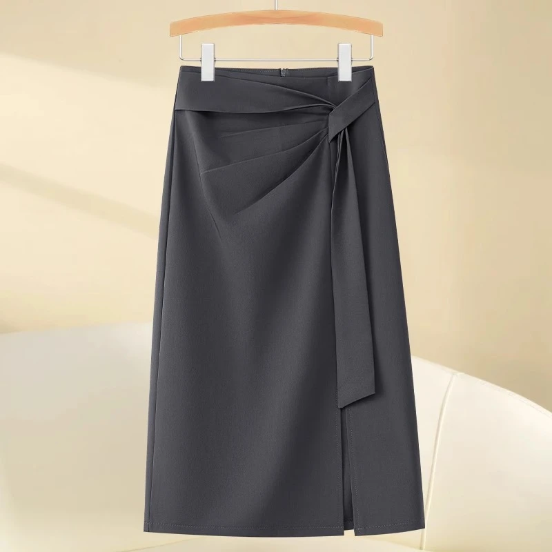 灰色a字半身裙女春秋季2025新款设计感褶皱气质中长裙西装包臀裙