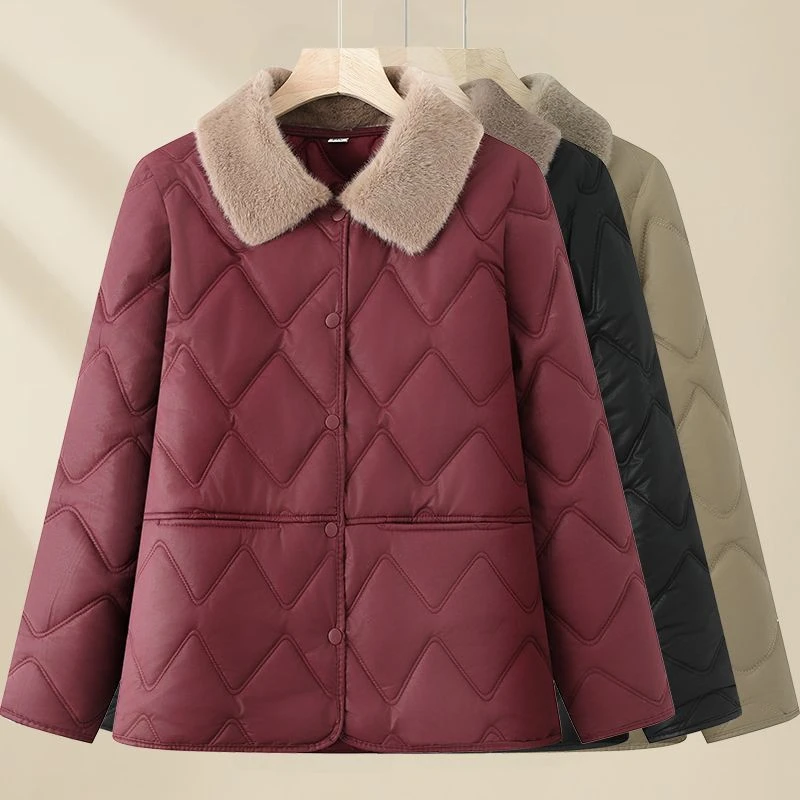 冬季新款毛领棉服PU外套中年妈妈时尚棉衣翻领中年免洗棉袄#106款