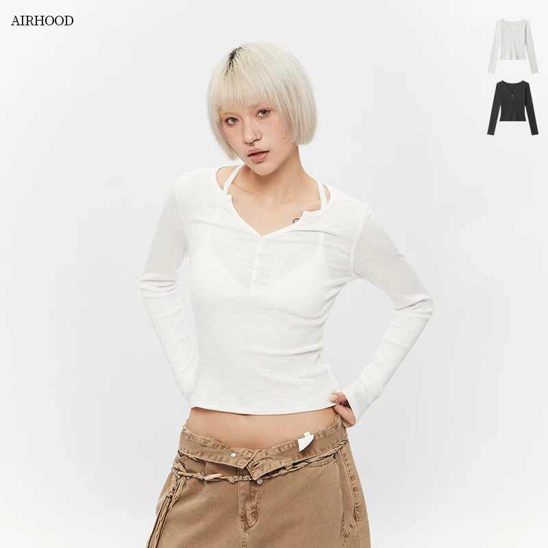 AIRHOOD 长袖t恤女春季显瘦纯欲半开领修身显瘦辣妹短款上衣C5150