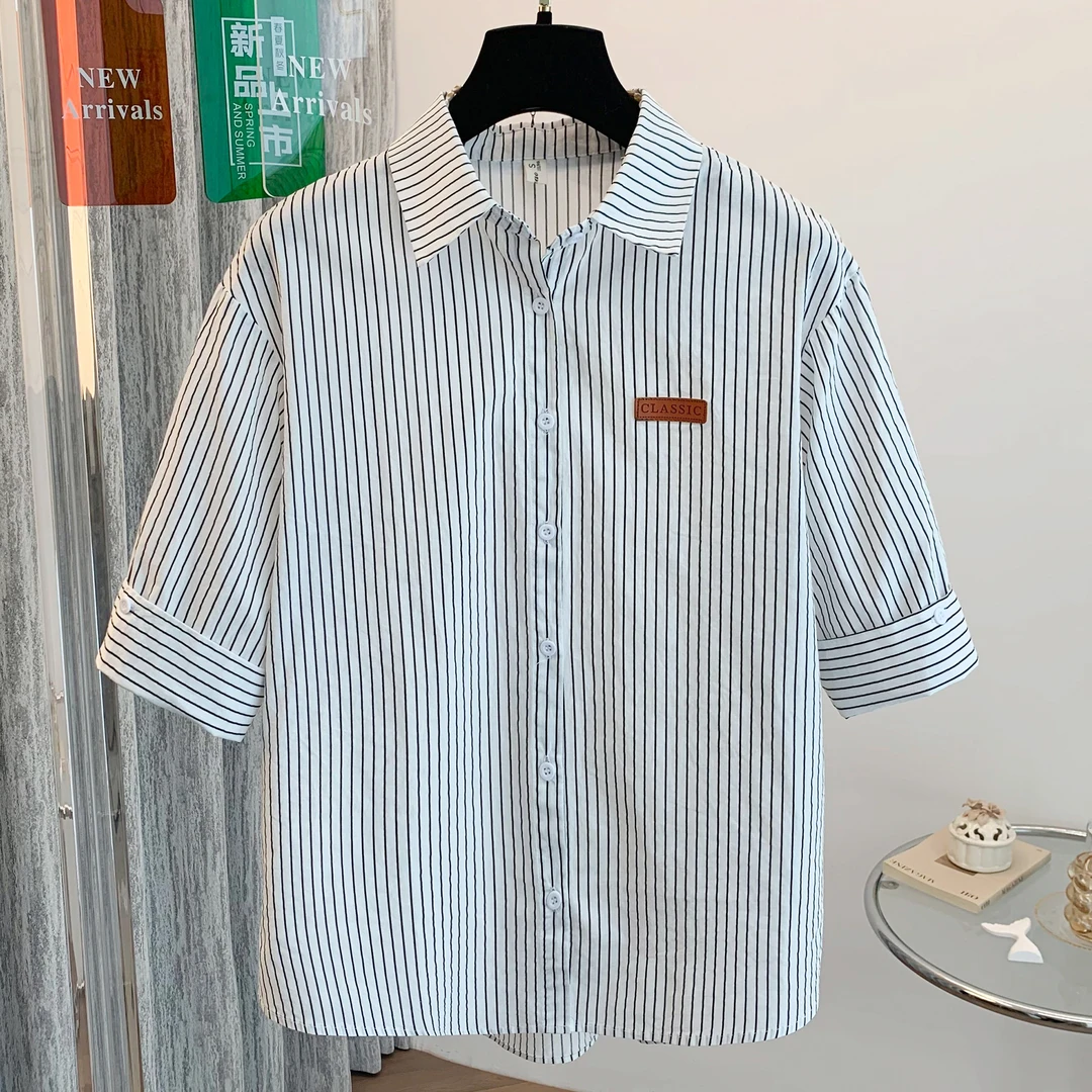 夏季新款上衣韩版痞帅中袖条纹时尚竖条纹衬衫女短袖潮流百搭休闲