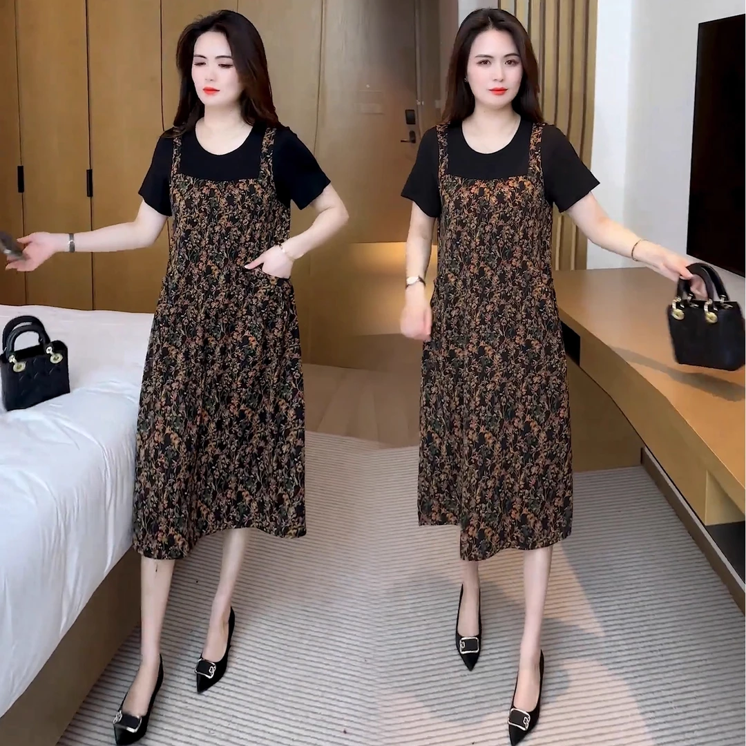 拉夏贝尔时尚碎花长裙女2025年夏季新款宽松遮肉显瘦假两件雪纺裙