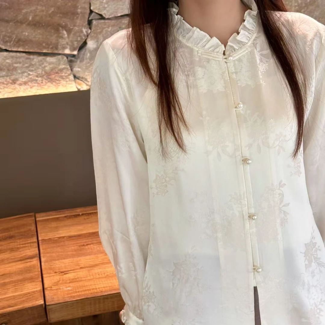 100桑蚕丝立领木耳边对襟衬衣新中式衬衫长袖气质时尚休闲女士