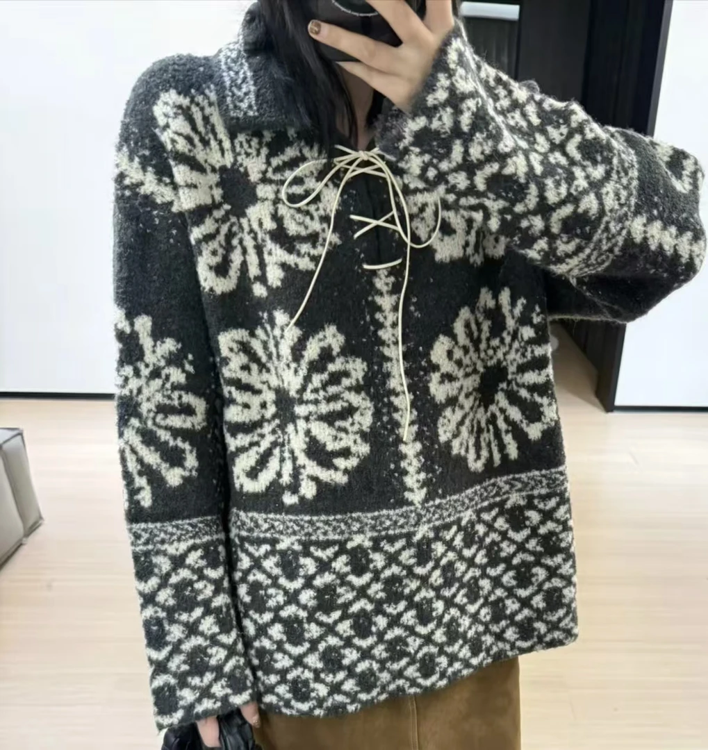 新款羊毛拉绒羊毛衫复古提花镜毛衣宽松慵懒长袖上衣