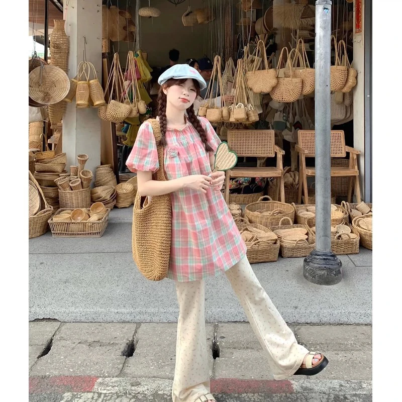 夏季可爱格子泡泡袖上衣-3552