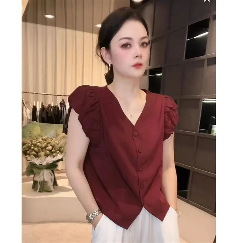 《姚家优麦汇》Y6332夏款V领衬衫设计感时尚百搭短袖显瘦上衣女