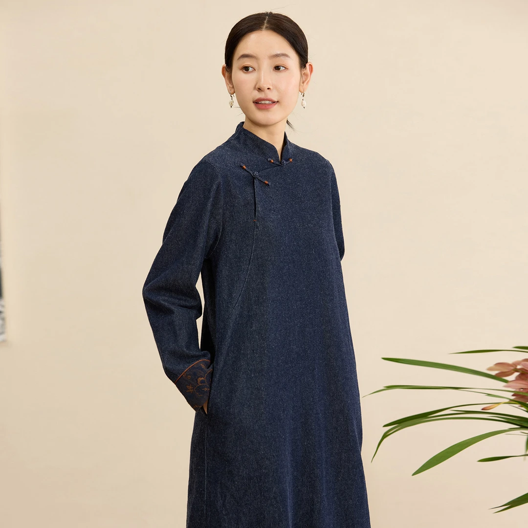 【竹斋眠】吉祥羽儿原创复古清贵羊毛棉混纺立领偏襟套头式旗袍裙
