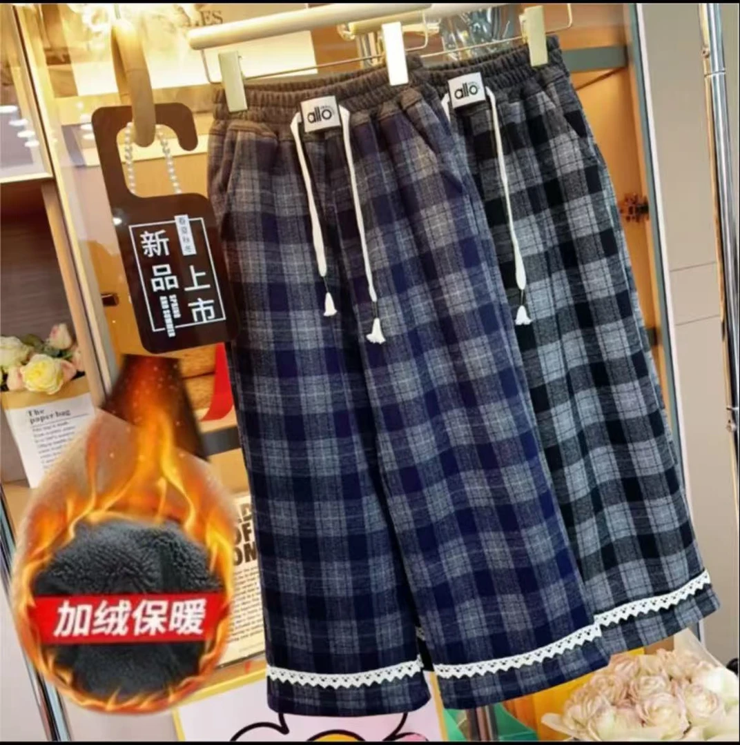 (加绒格子裤)儿童秋冬保暖2025休闲字母花边裤腿裤