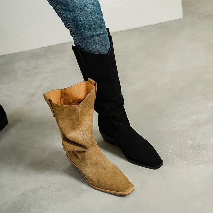 5cm法式气质V口显瘦百搭粗跟时装靴秋冬韩版网红简约风时尚西部靴