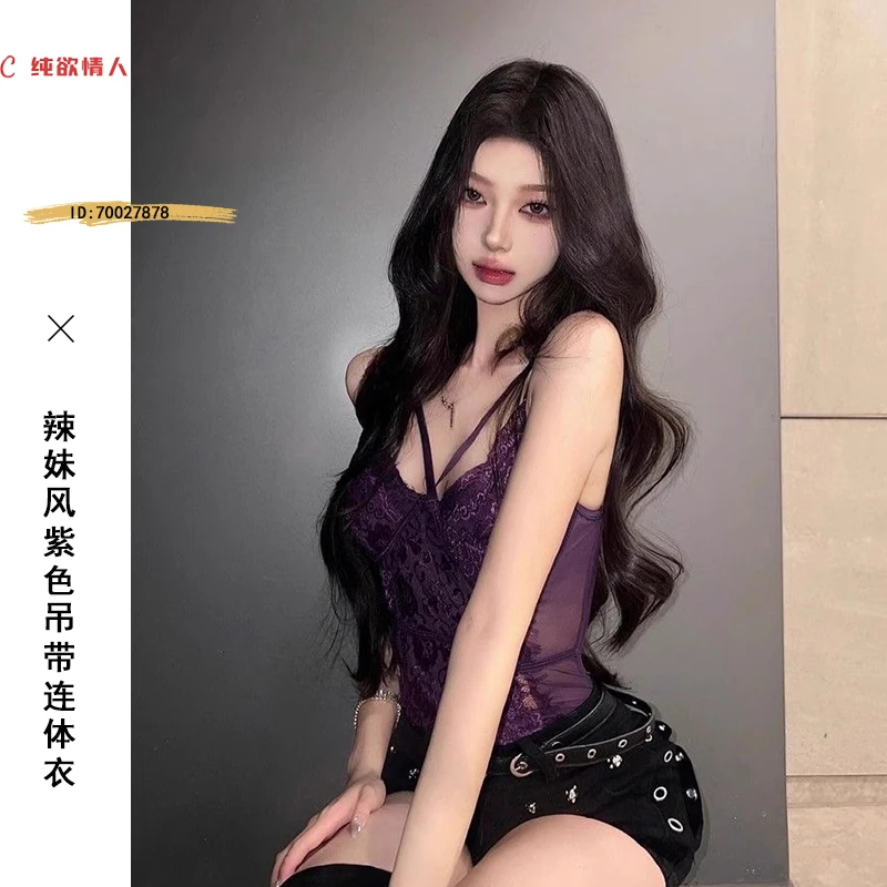 性感辣妹风穿搭紫色韵味蕾丝修身显瘦连体衣背心女夏时尚吊带背心