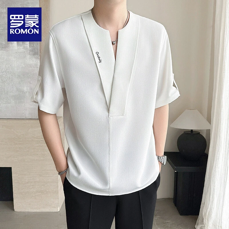 罗蒙新款黑白色夏季中袖衬衫宽松休闲潮流轻熟风男士时尚舒适上衣