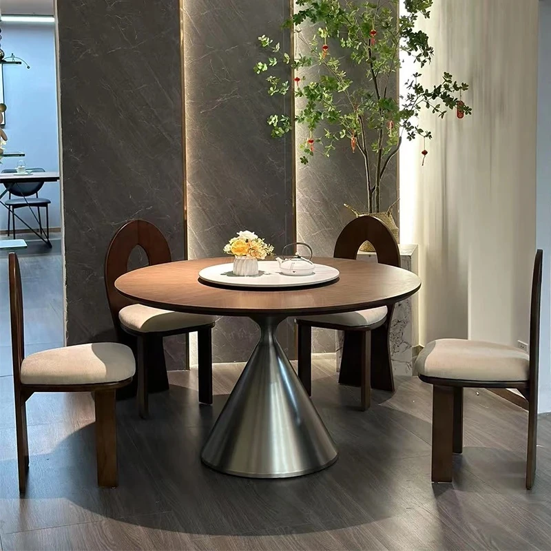 餐桌椅中古风木纹岩板餐桌实木餐桌圆桌餐厅桌子简约饭桌圆桌餐桌