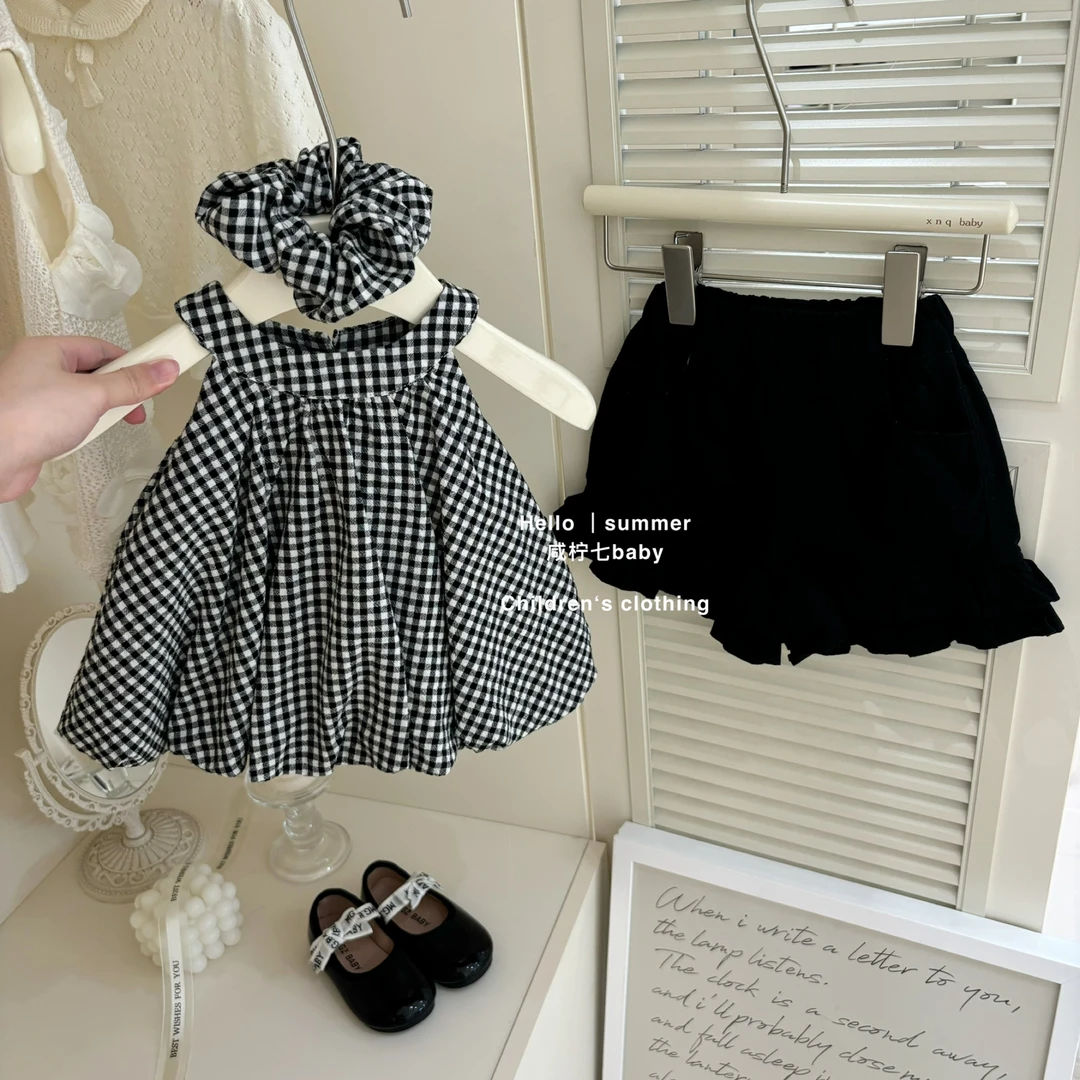 【咸柠七】女童挂脖吊带花苞背心上衣短裤夏装新款韩版儿童套装