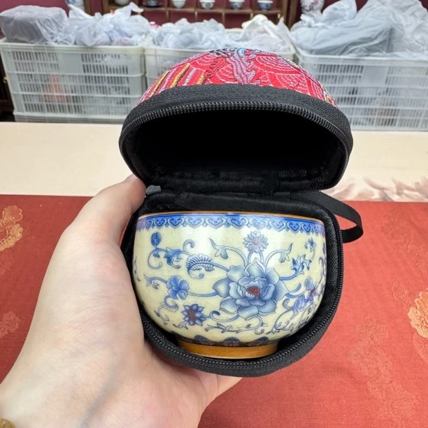 青花汝窑铜钱主人杯陶瓷茶具单杯