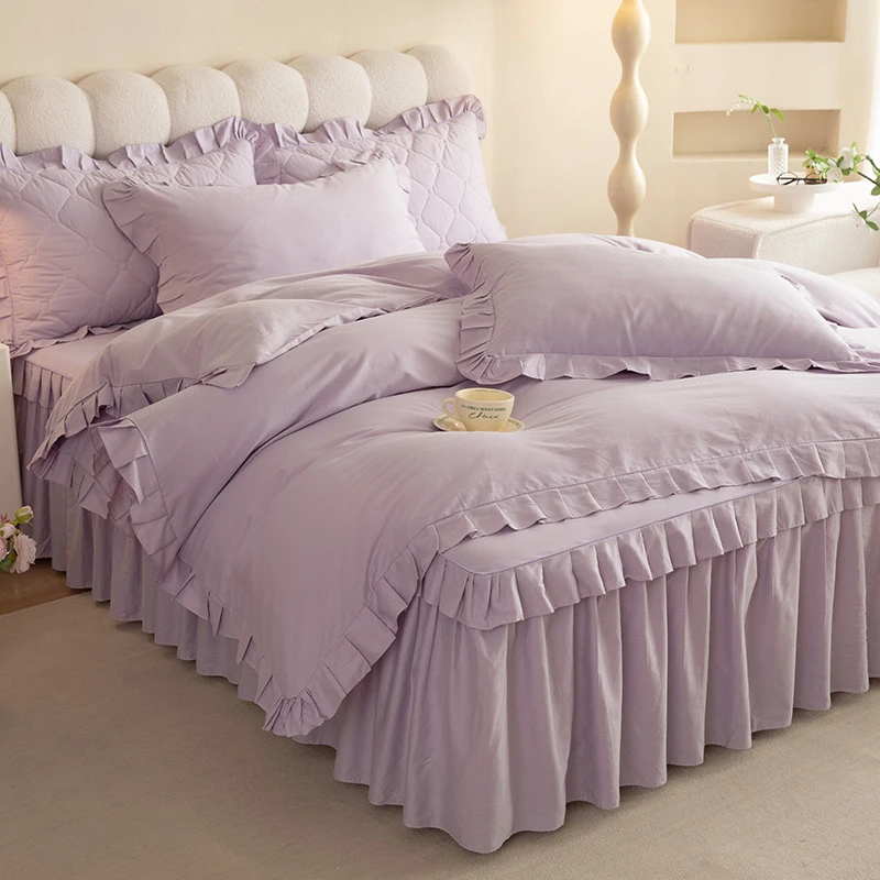 韩式A类100%纯棉四件套床裙款全棉被套荷叶花边床罩夹棉床单床品