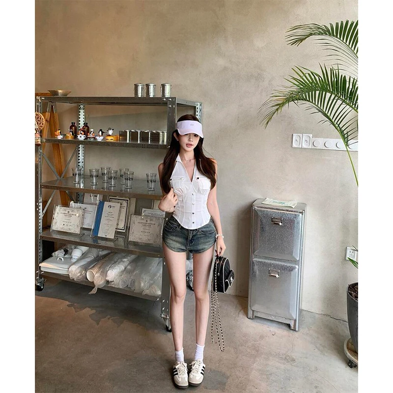 甜美可爱风格衣服无袖衬衫背心上衣夏季新款高腰百搭牛仔短裤套装