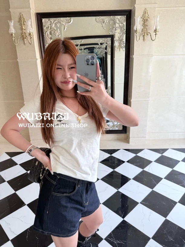 WUBAIZI ｜ 鸢尾花 内搭修身显瘦上衣白色V领短袖T恤女2517