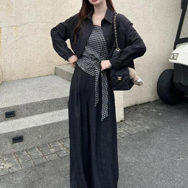 早秋松弛感穿搭套装女韩系时尚减龄牛仔外套格子吊带阔腿裤三件套