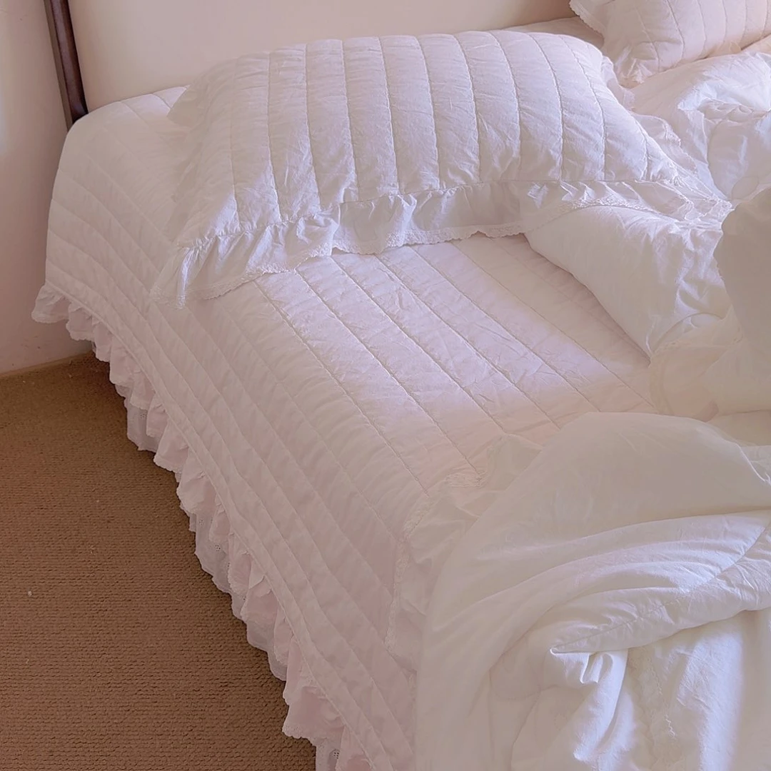 棉青睐砂洗床盖三件套白色