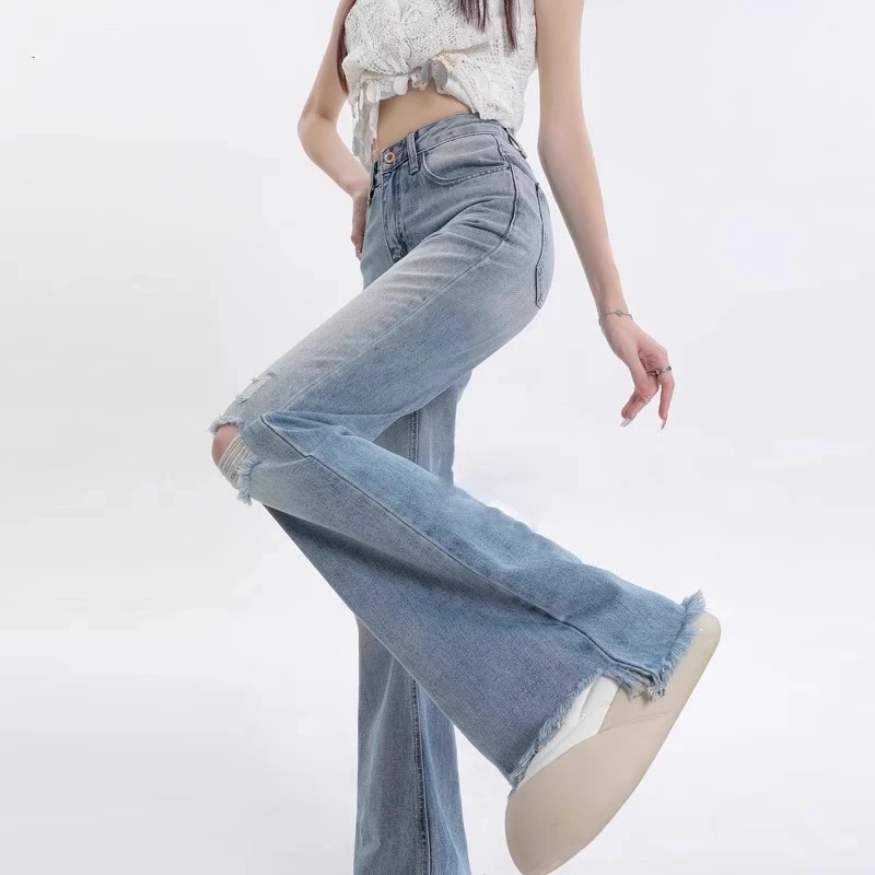 破洞微喇高弹力牛仔裤女夏季2025新款高腰显瘦复古毛边喇叭裤子